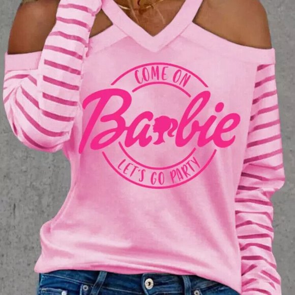 Barbie Come On Let's Go Party Pink Cold Shoulder Knit Top & Earrings Womens Size - Picture 3 of 14